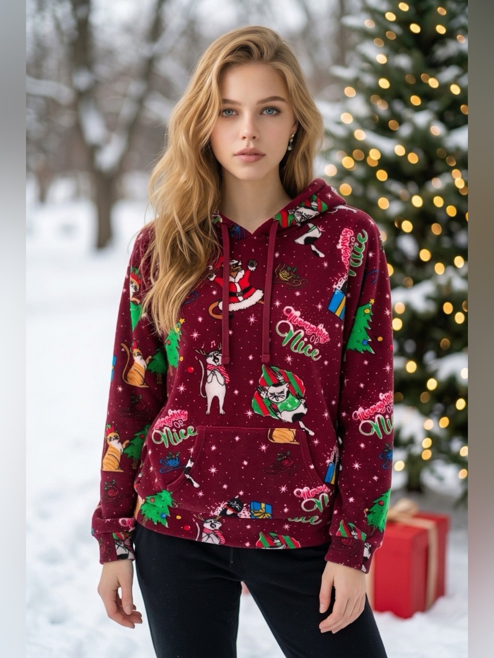 No Boundaries Burgundy Kitties Women's Holiday Graphic Hoodie
